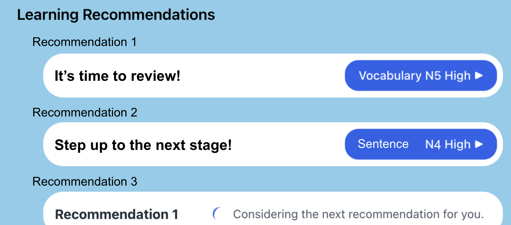 Recommendations dashboard showing personalized learning suggestions